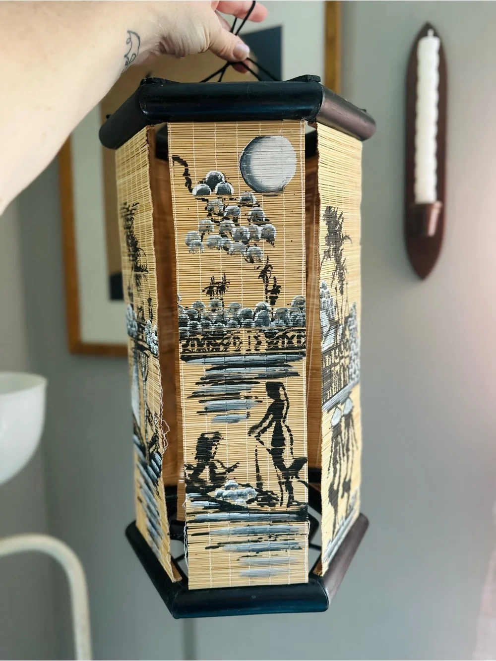 Vintage Bamboo Panel Hanging Lantern